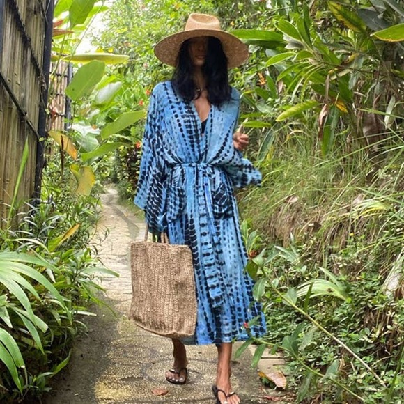 On My Rack Other - Boho Tie Dye Blue Beach Swim Coverup Maxi Duster Front Tie Flowy Ombre Pockets